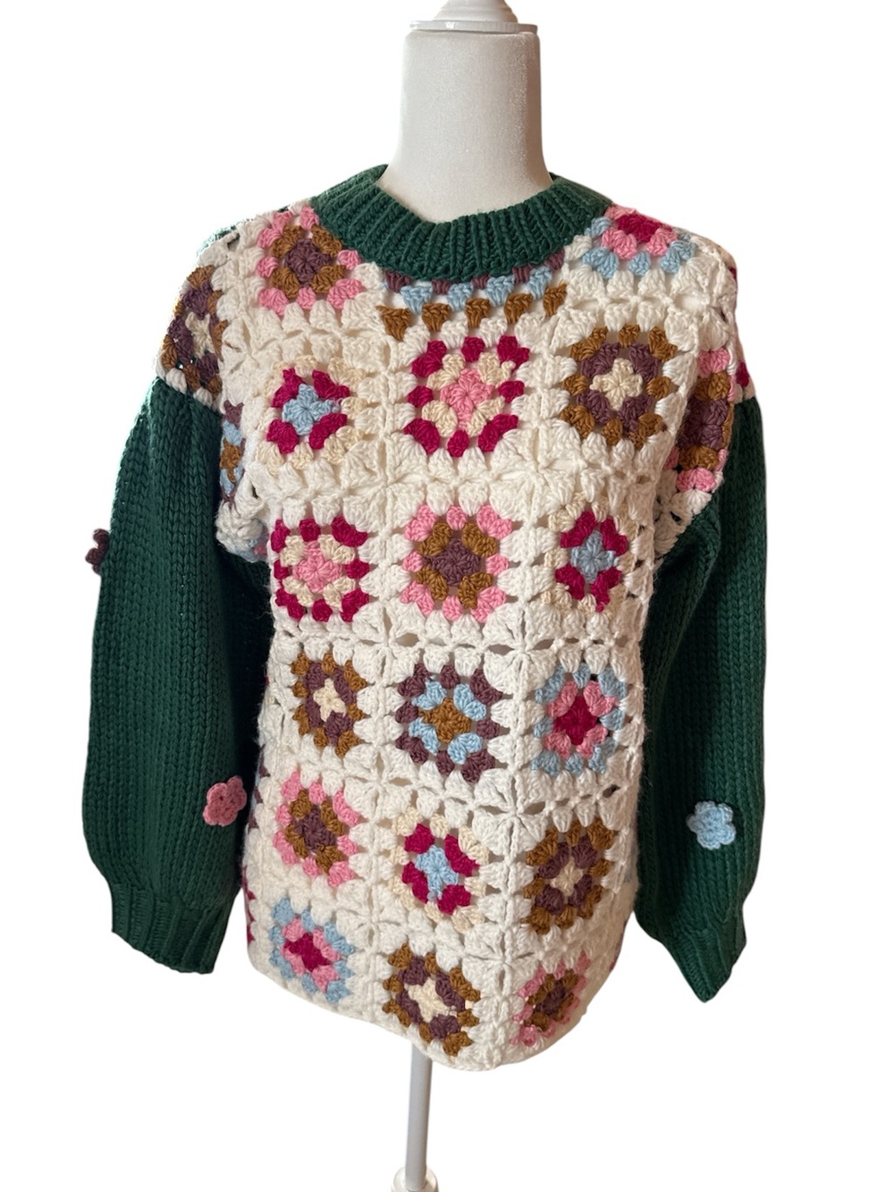 Listicle Crochet Granny Square Green Sleeve Women's Sweater size small
